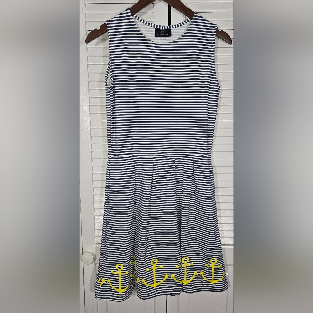 Sailor Sailor Sleeveless Navy White Striped Pleated Yellow Anchor Hem Dress Sz S